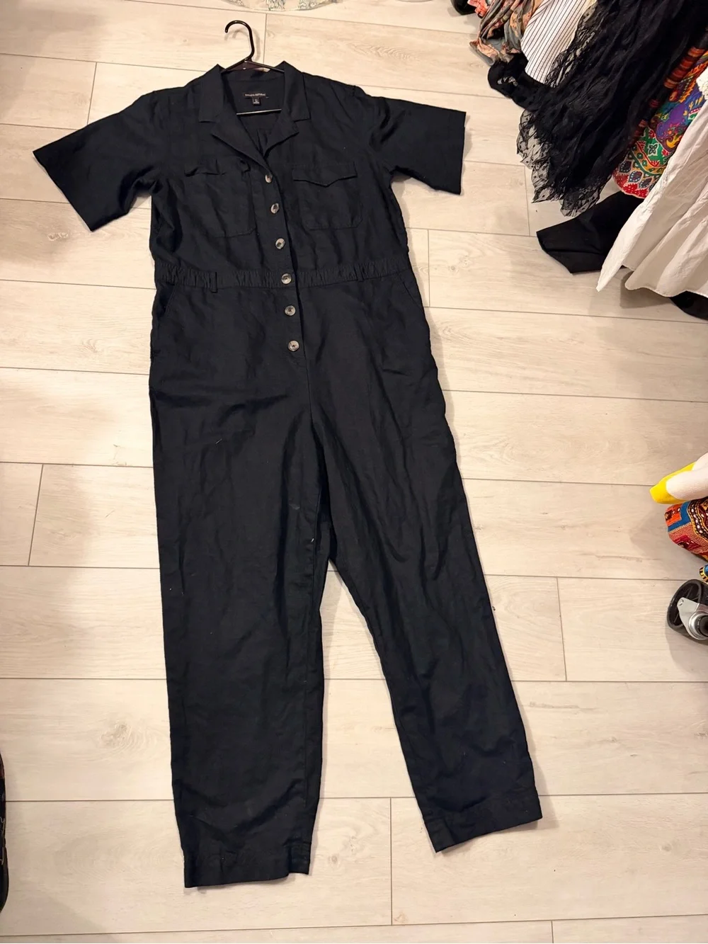 Banana Republic Black Linen Short-Sleeve Button-Front Jumpsuit 16T